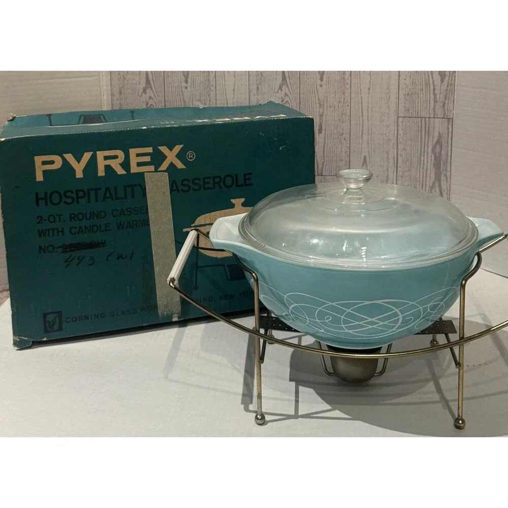 Vintage Pyrex Turquoise Hospitality Casserole 2-Qt Complete Model 443-CW-1